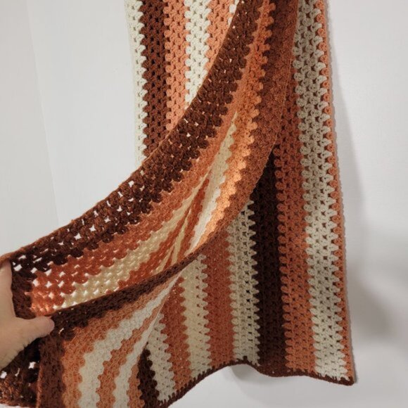 Handmade Crochet Afghan Throw Blanket Multicolored Striped Brown White Orange - Picture 3 of 10